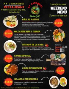 Diseno grafico Asheville Asheville Multicultural Publicidad Bilingue Menu restaurante Ay caramba (1) min